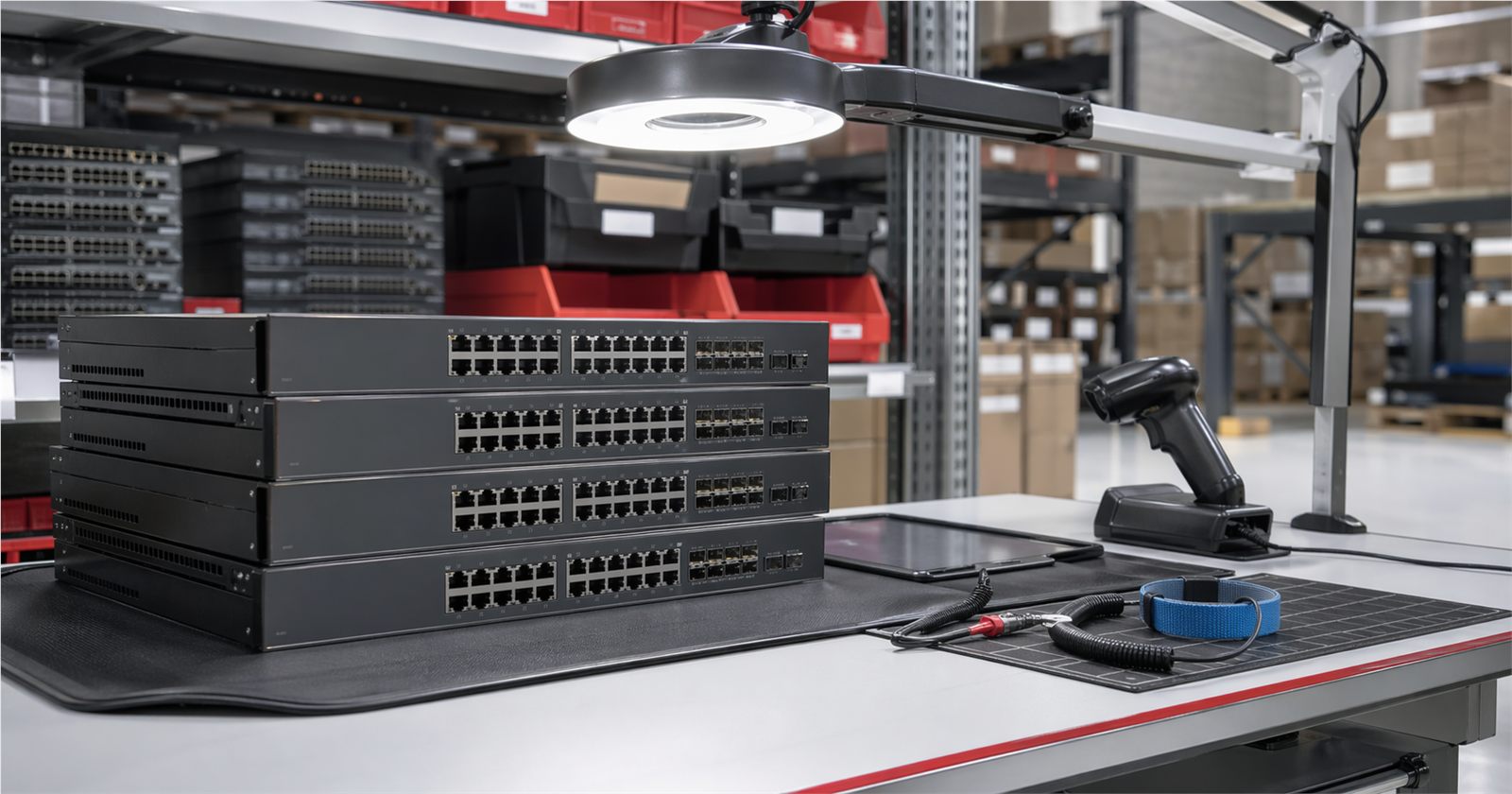 Quality control bench with networking hardware and warehouse equipment