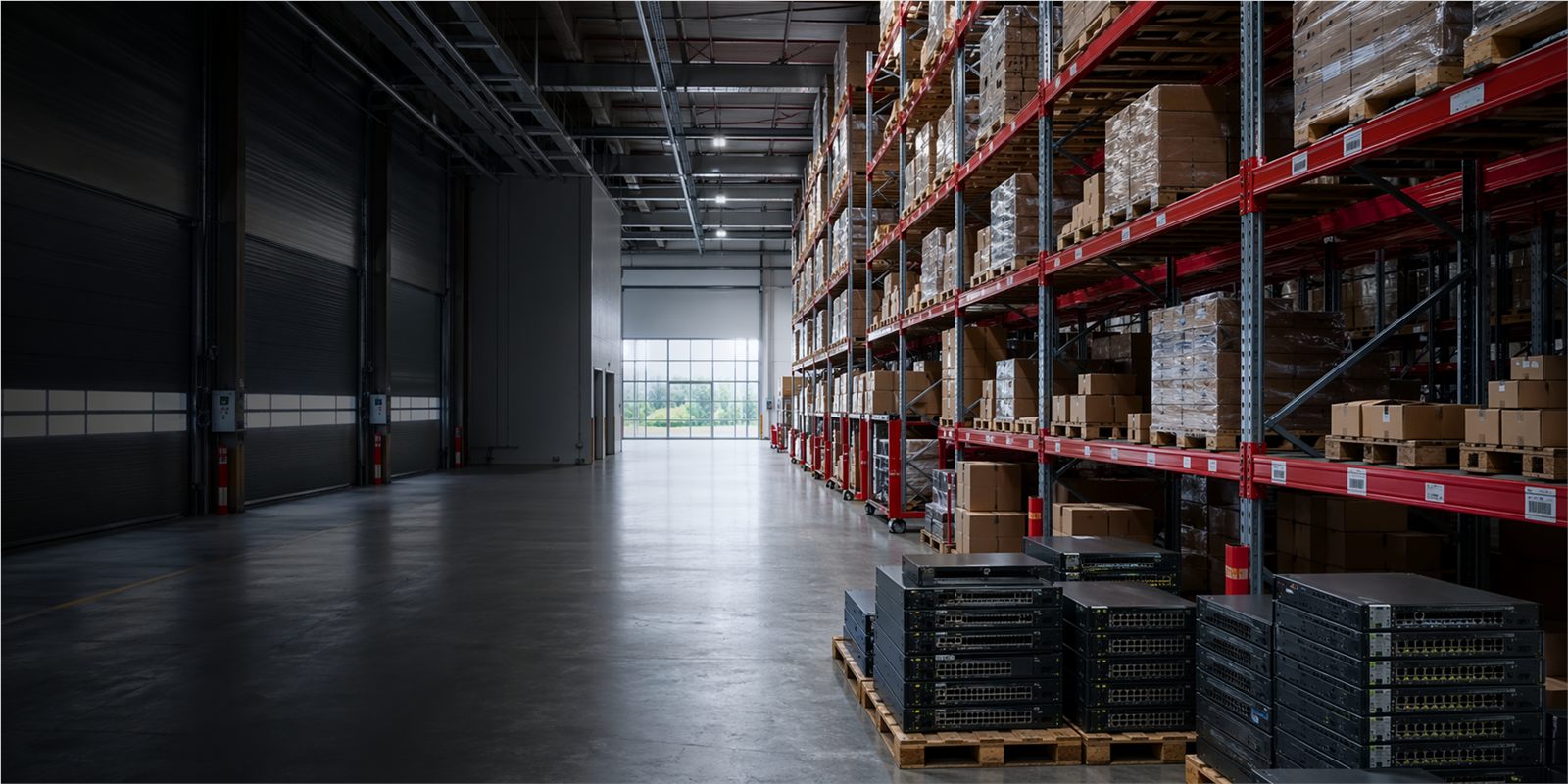Modern secure warehouse interior with pallet racking and IT hardware storage